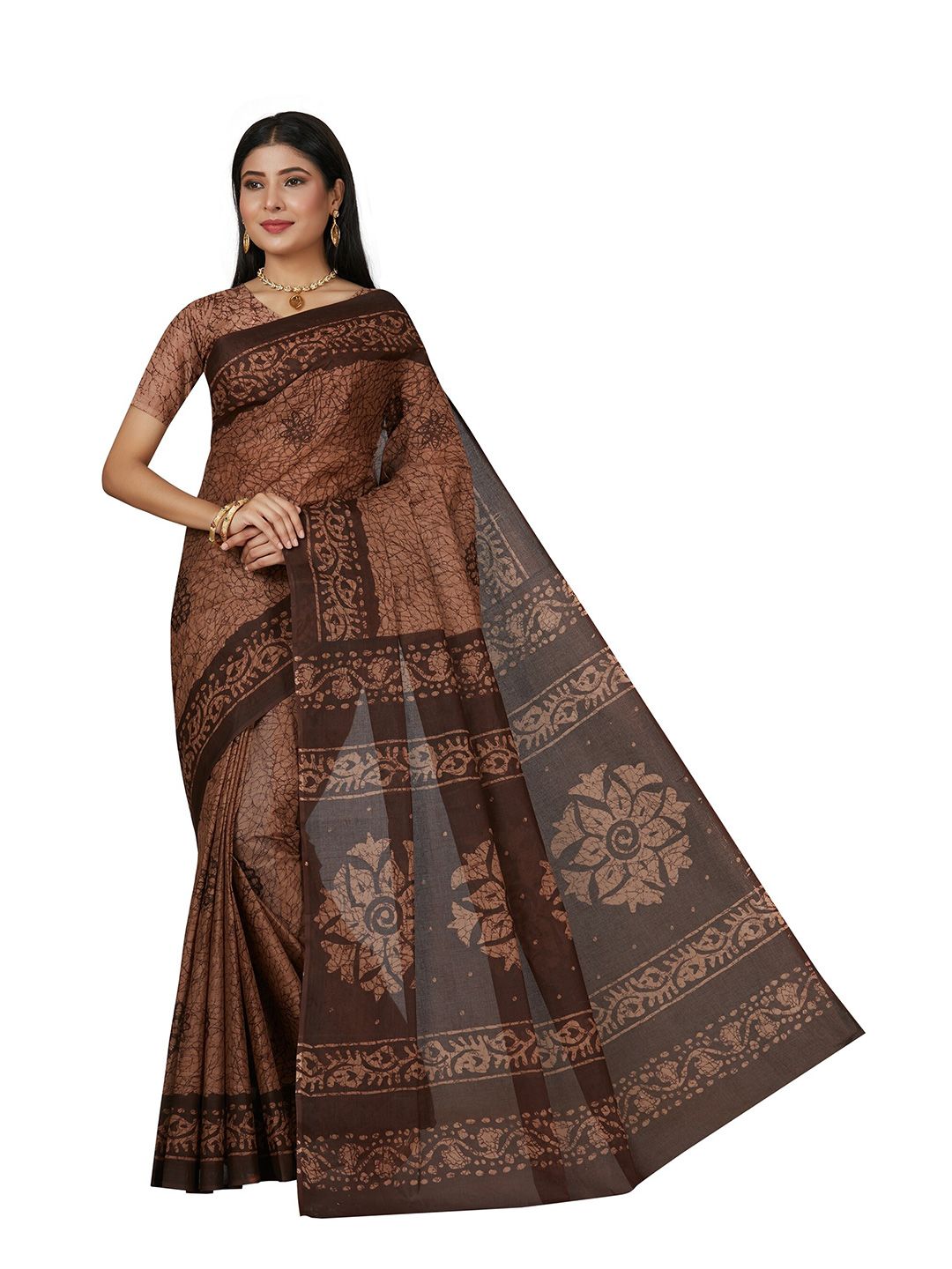 SHANVIKA Brown Batik Pure Cotton Block Print Saree Price in India