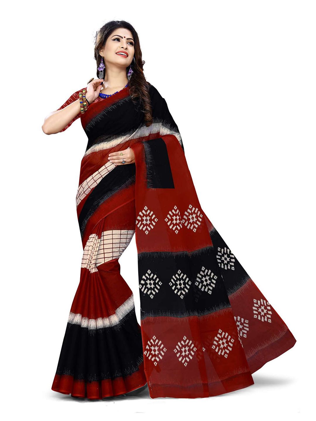 SHANVIKA Black & Maroon Pure Cotton Ready to Wear Block Print Saree Price in India