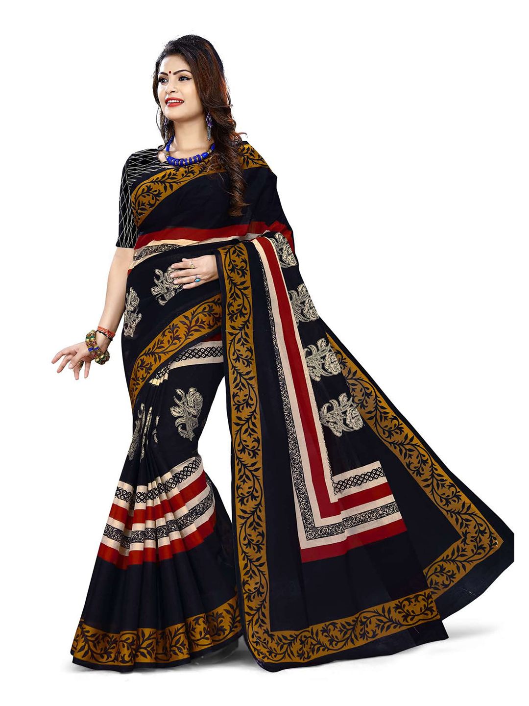 SHANVIKA Black & White Ethnic Motifs Pure Cotton Block Print Saree Price in India