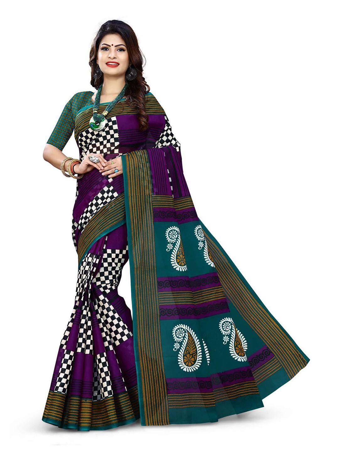 SHANVIKA Purple & Black Checked Pure Cotton Ready to Wear Block Print Saree Price in India