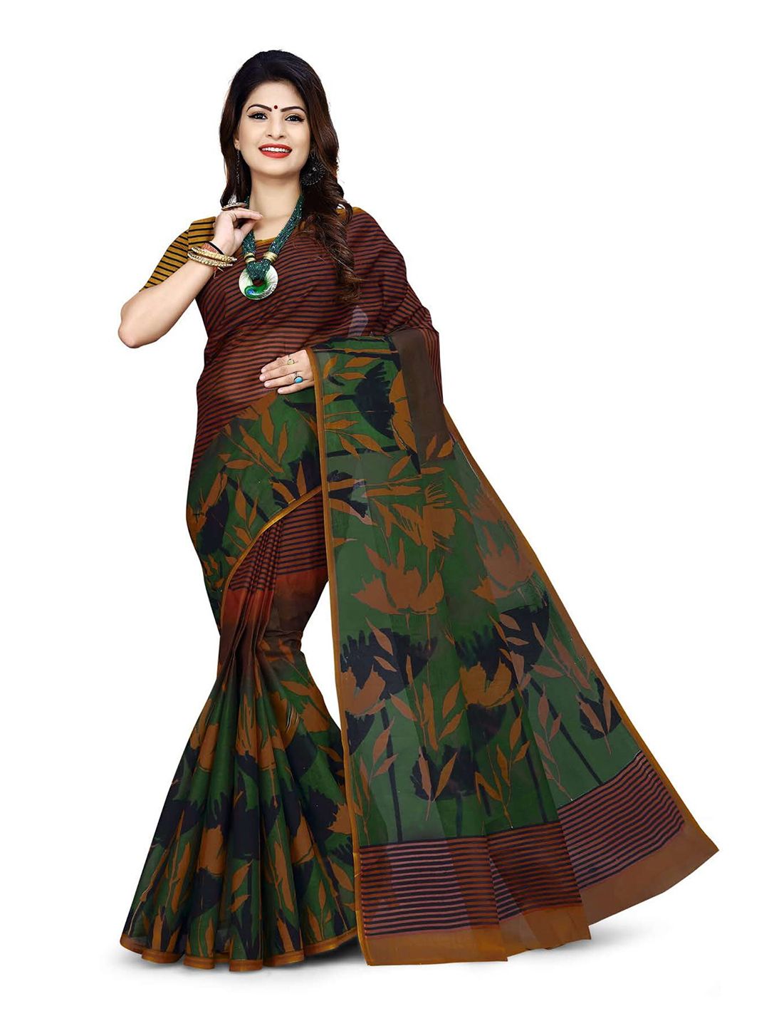 SHANVIKA Green & Brown Striped Pure Cotton Block Print Saree With Blouse Piece Price in India