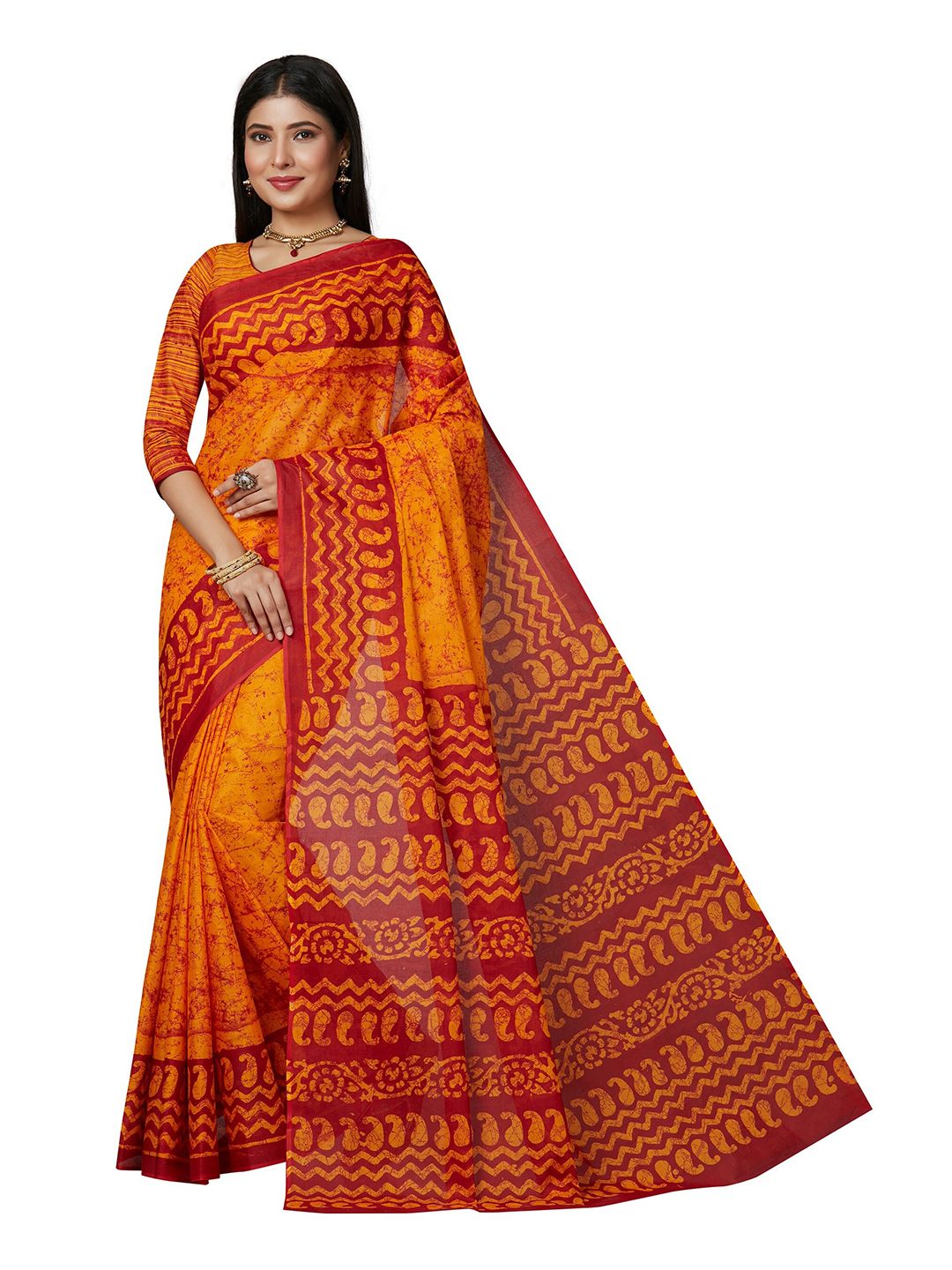SHANVIKA Women Gold-Toned & Red Batik Pure Cotton Block Print Saree Price in India