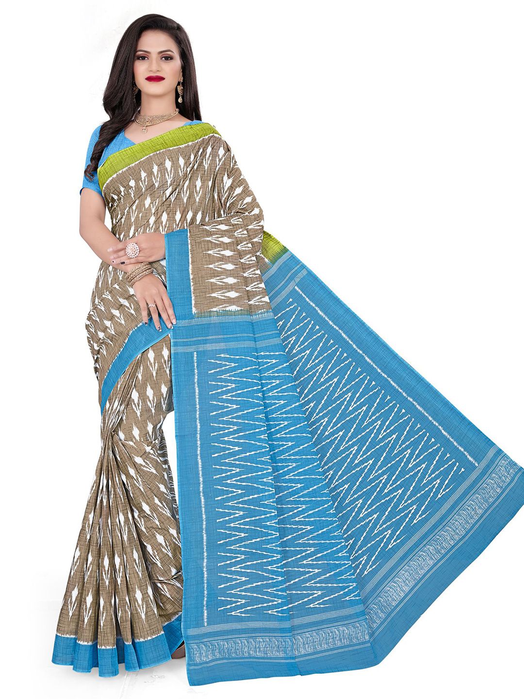 SHANVIKA Beige & Green Ethnic Motifs Pure Cotton Ready to Wear Saree Price in India