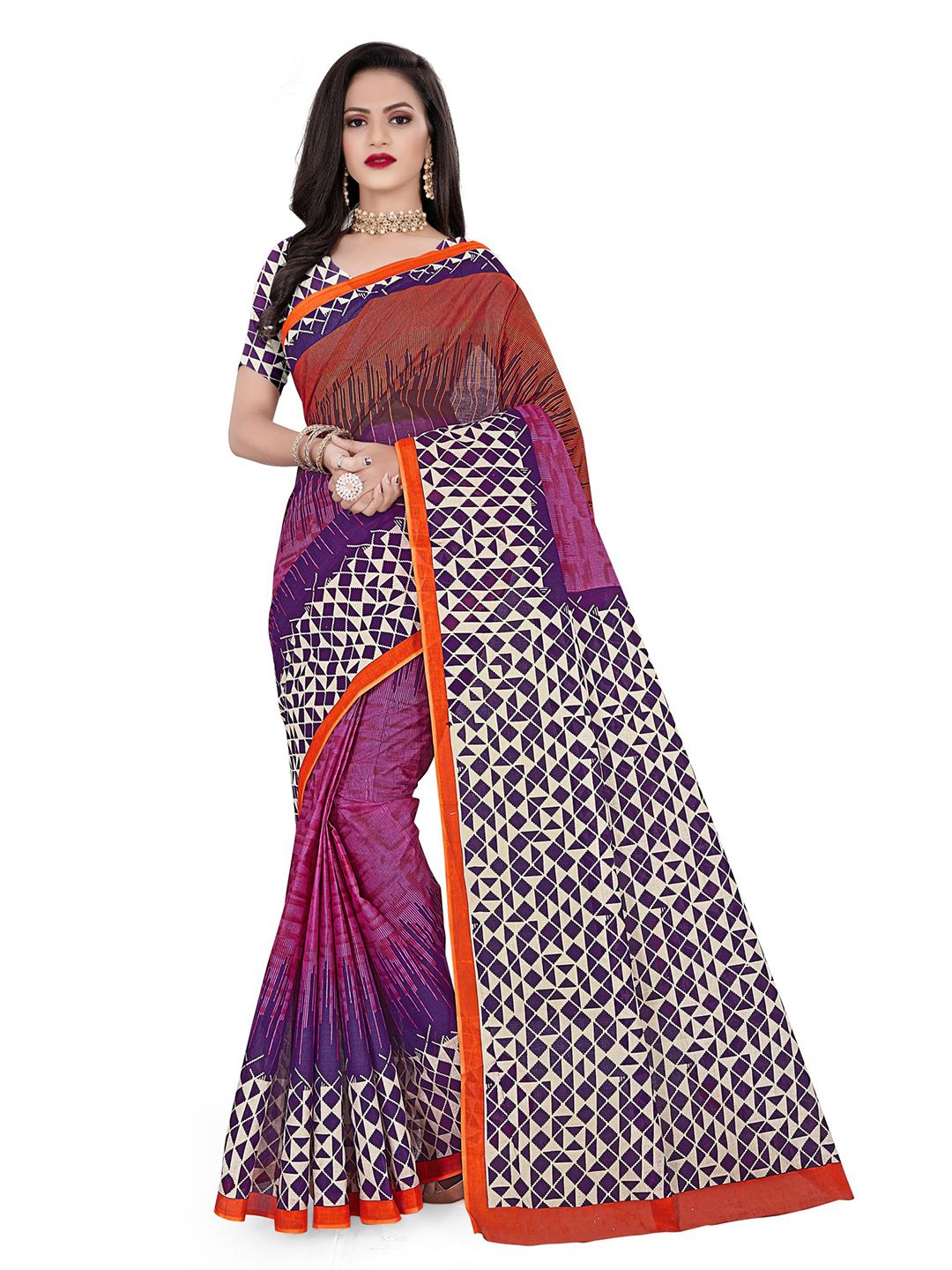 SHANVIKA Purple & White Pure Cotton Saree Price in India