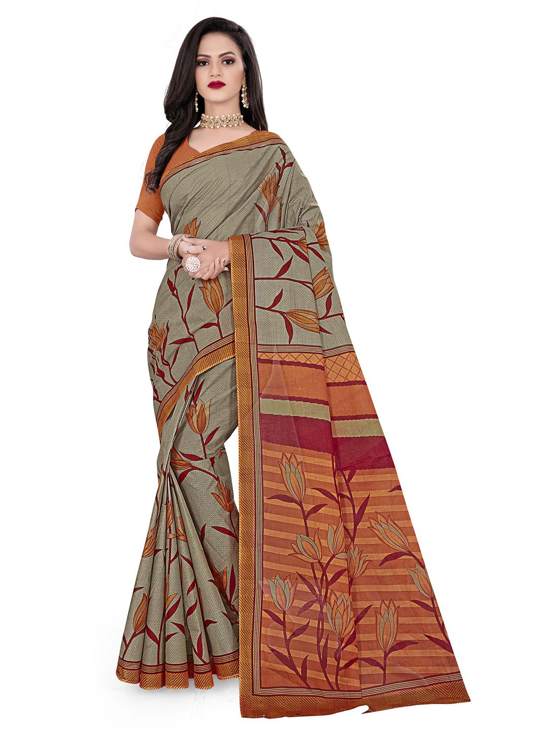 SHANVIKA Brown & Grey Floral Pure Cotton Ready to Wear Block Print Saree Price in India