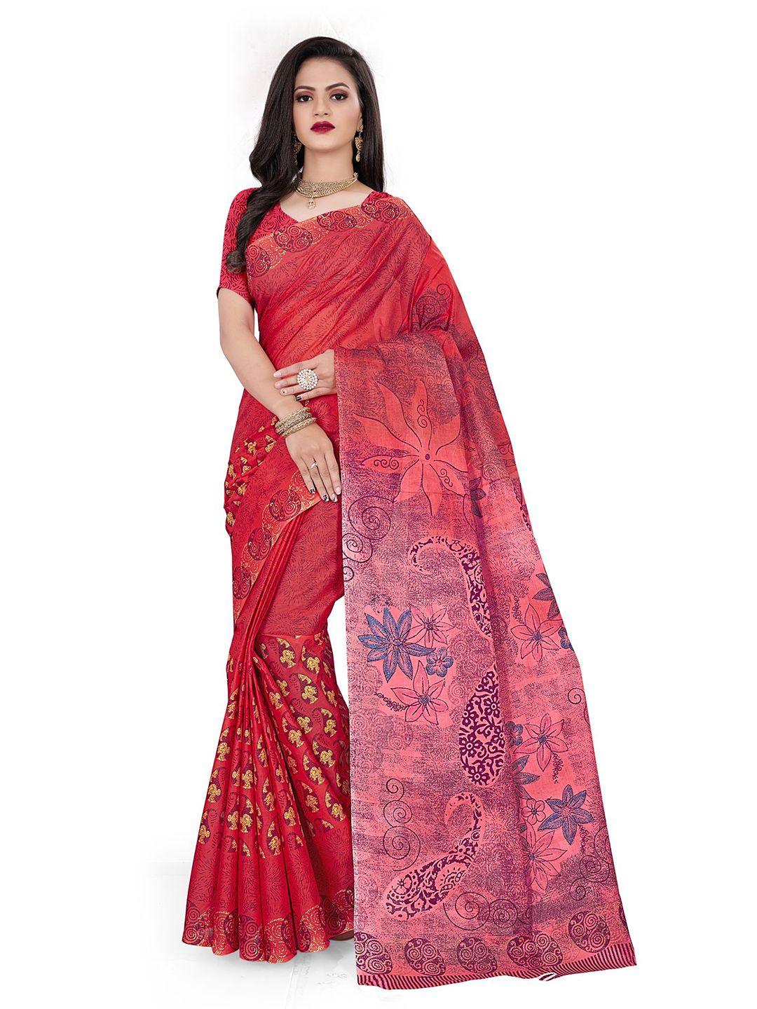 SHANVIKA Red Floral Pure Cotton Block Print Saree Price in India