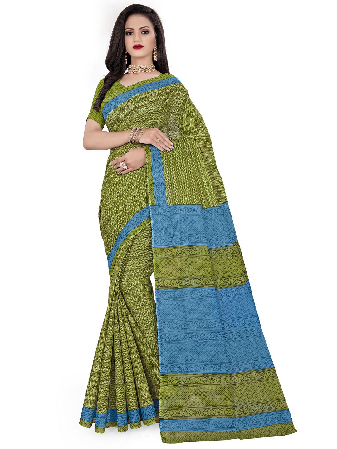 SHANVIKA Green & Blue Leheriya Pure Cotton Block Print Saree Price in India