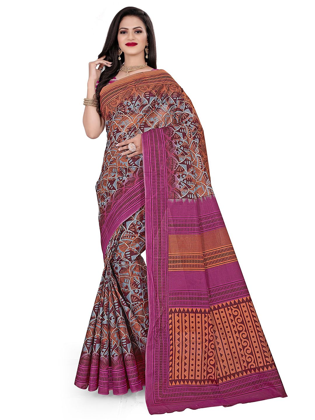 SHANVIKA Violet & Brown Pure Cotton Block Print Saree Price in India