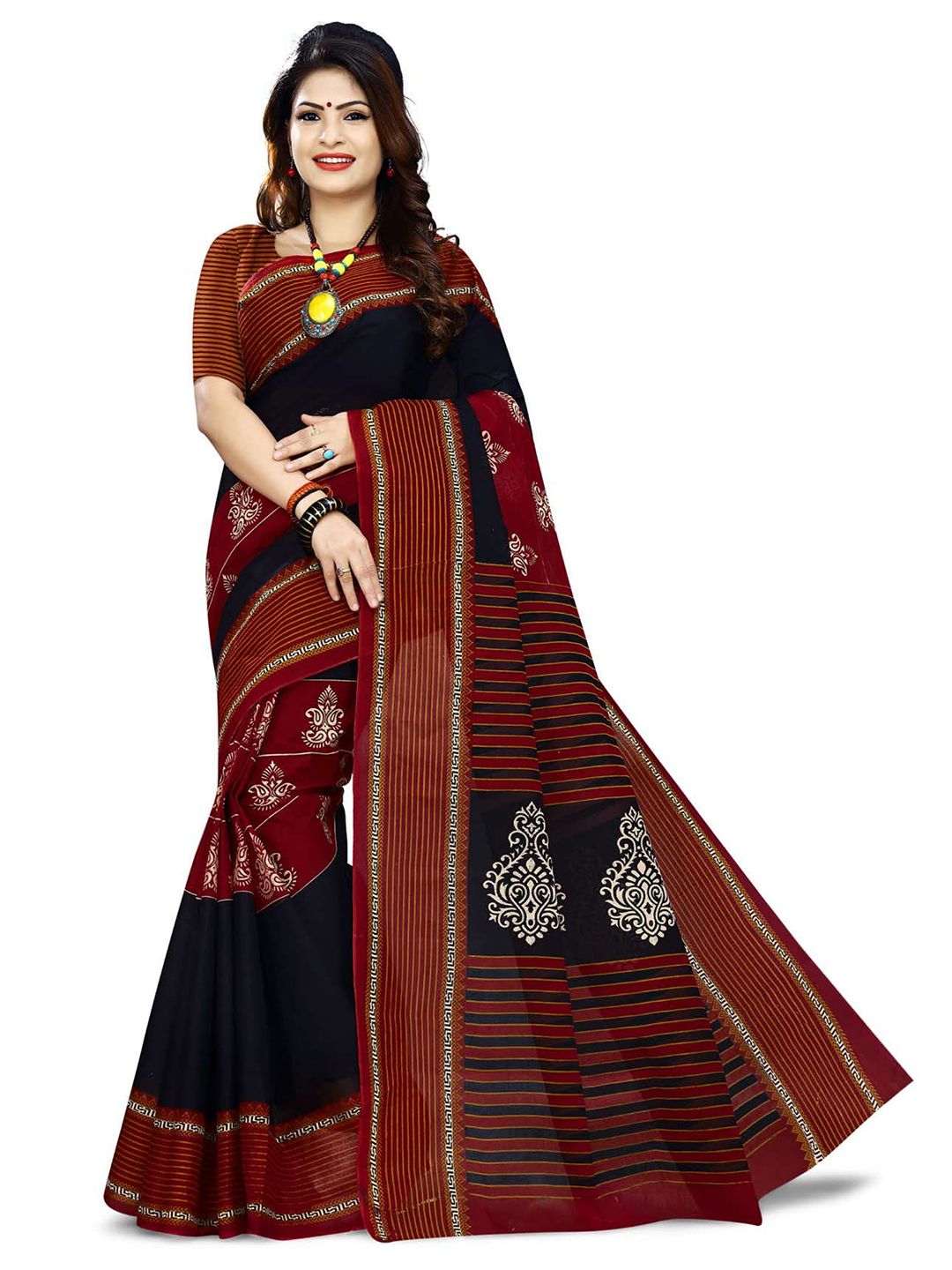 SHANVIKA Women Maroon & Black Ethnic Motifs Pure Cotton Block Print Saree Price in India