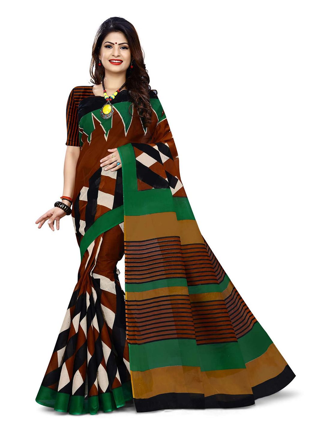SHANVIKA Brown & Green Pure Cotton Ready to Wear Block Print Saree Price in India