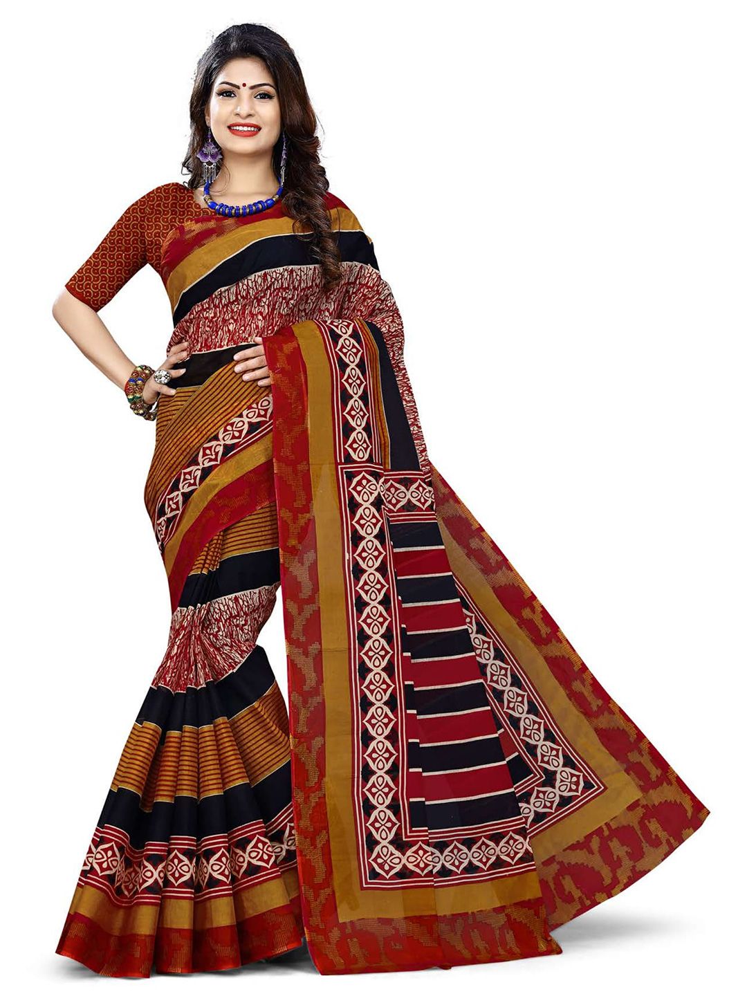 SHANVIKA Beige & Red Striped Pure Cotton Ready to Wear Block Print Saree Price in India