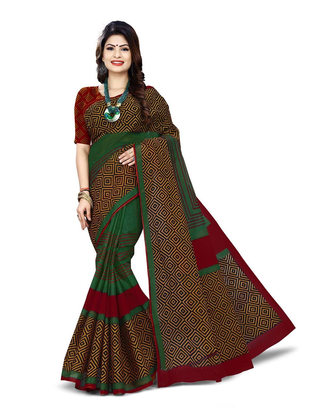 SHANVIKA Green & Brown Pure Cotton Ready to Wear Block Print Saree Price in India