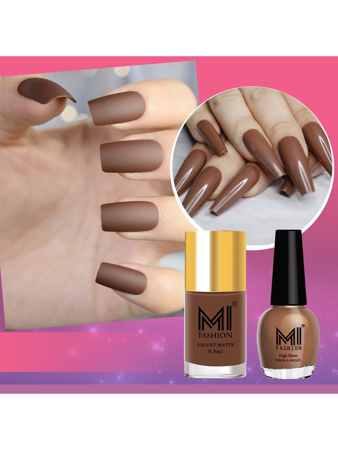 MI FASHION Set of Velvet Matte Nail Polish 9.9ml - 722 & High Shine Nail Polish 15ml - 34