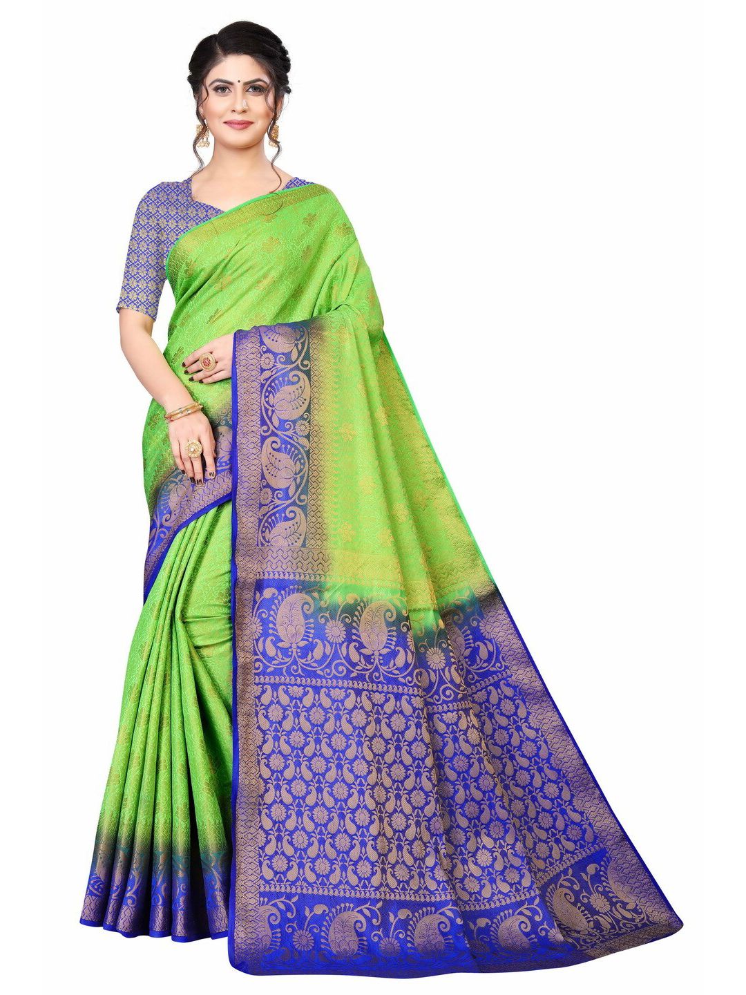 MOKSHA DESIGNS Green & Blue Woven Design Zari Pure Silk Kanjeevaram Saree Price in India
