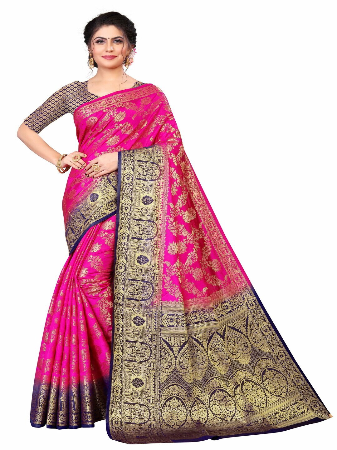 MOKSHA DESIGNS Pink & Navy Blue Woven Design Zari Pure Silk Kanjeevaram Saree Price in India