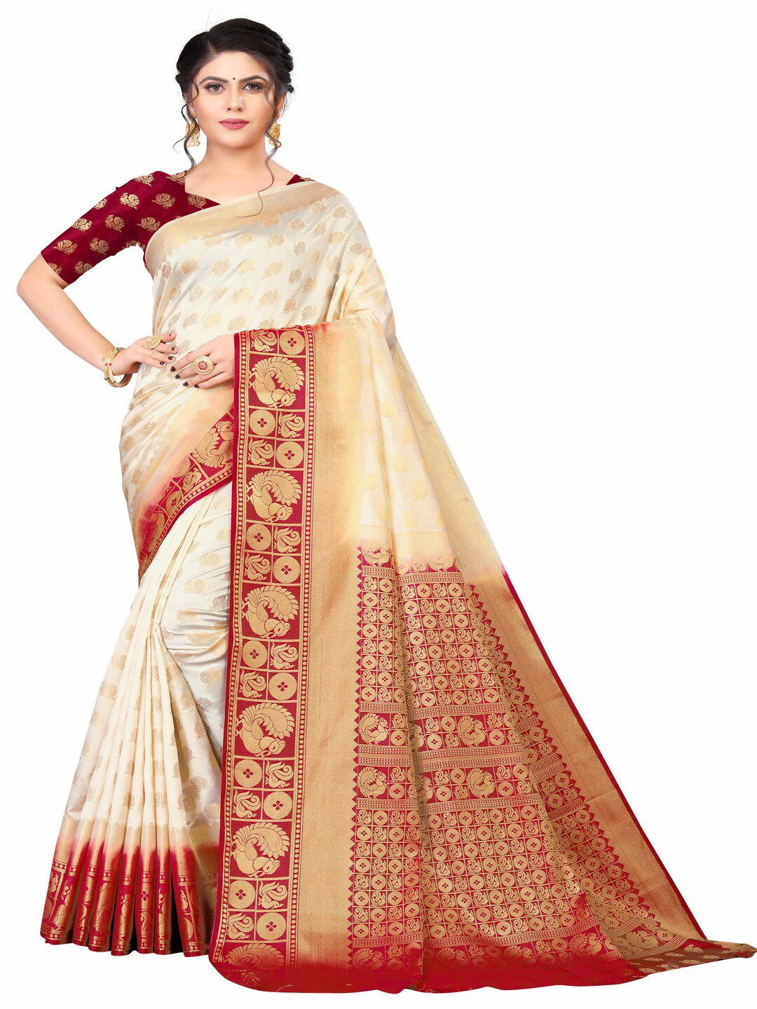 MOKSHA DESIGNS Off White & Red Woven Design Zari Pure Silk Kanjeevaram Saree Price in India