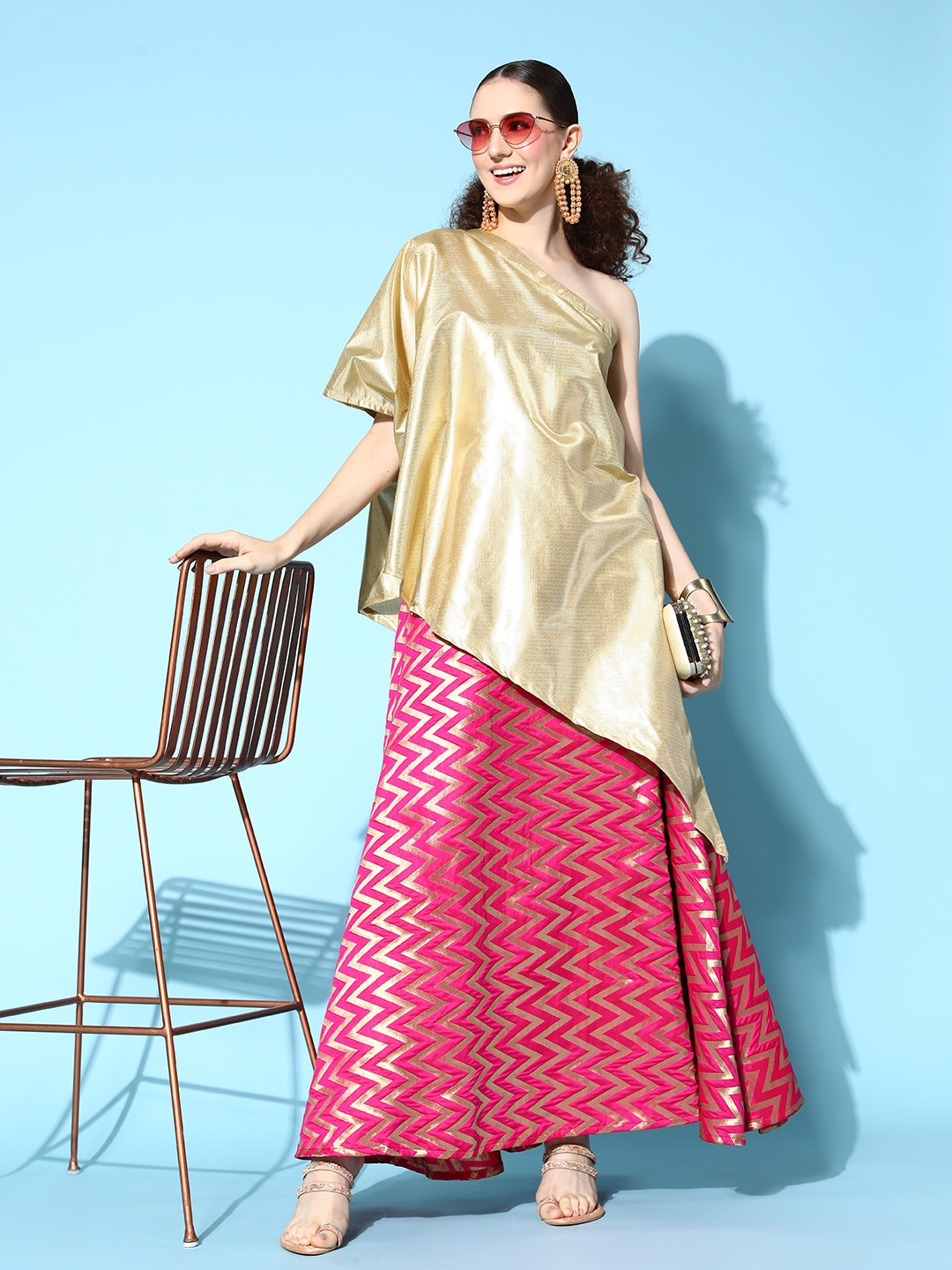 InWeave Women Stunning Gold Self-Design Top with Skirt Price in India