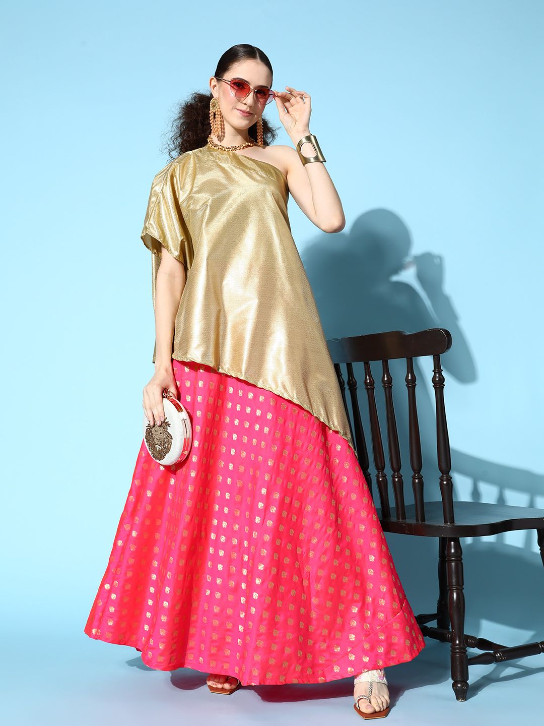 InWeave Women Gold Self-Design Top with Skirt Price in India
