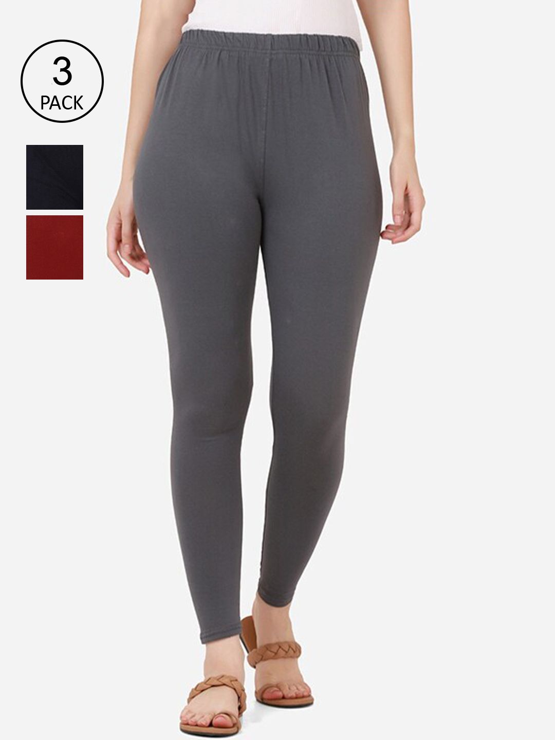 BUY NEW TREND Women Maroon Blue Grey Pack Of 3 Solid Ankle-Length Cotton Leggings Price in India