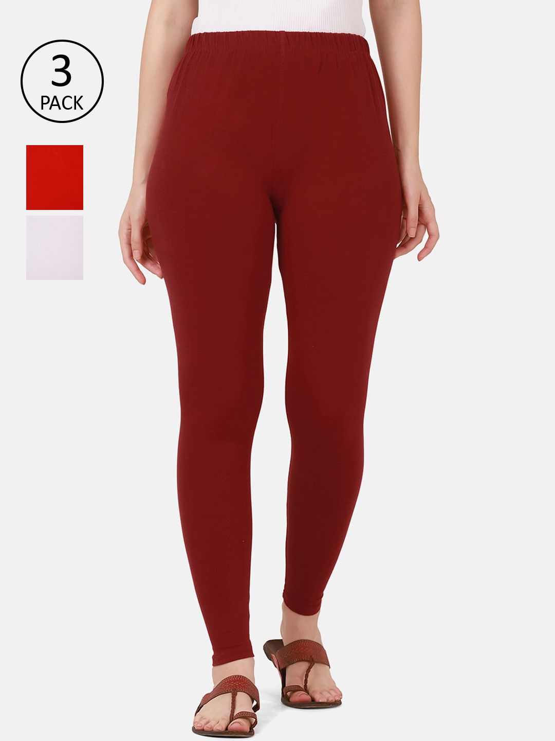 BUY NEW TREND Women Pack Of 3 Maroon Red & White Solid Ankle-Length Cotton Leggings Price in India