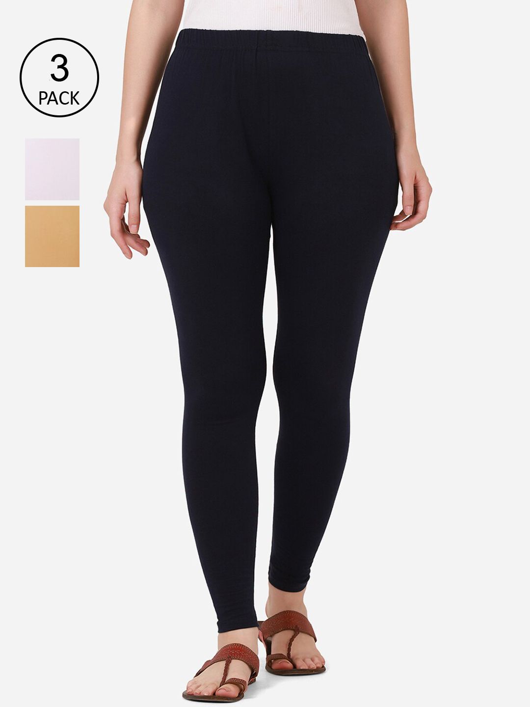 BUY NEW TREND  Women Pack Of 3 Solid Pure-Cotton Ankle-Length Leggings Price in India