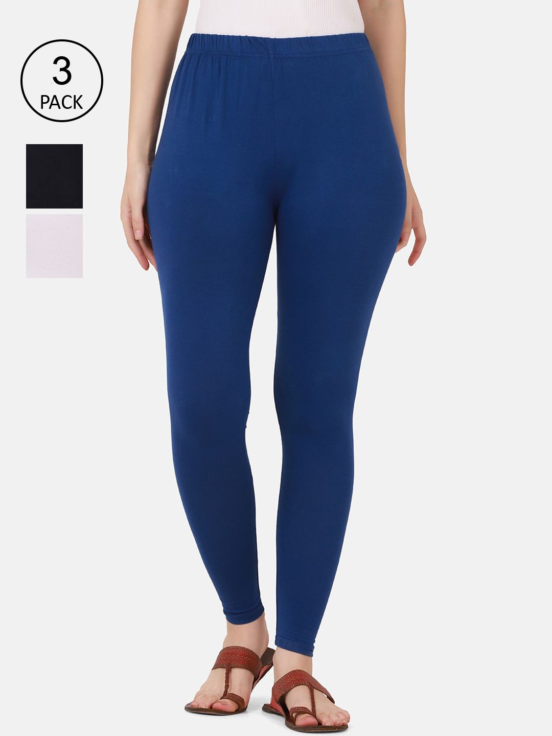 BUY NEW TREND Women Blue & White Pack Of 3 Solid Ankle Length Leggings Price in India