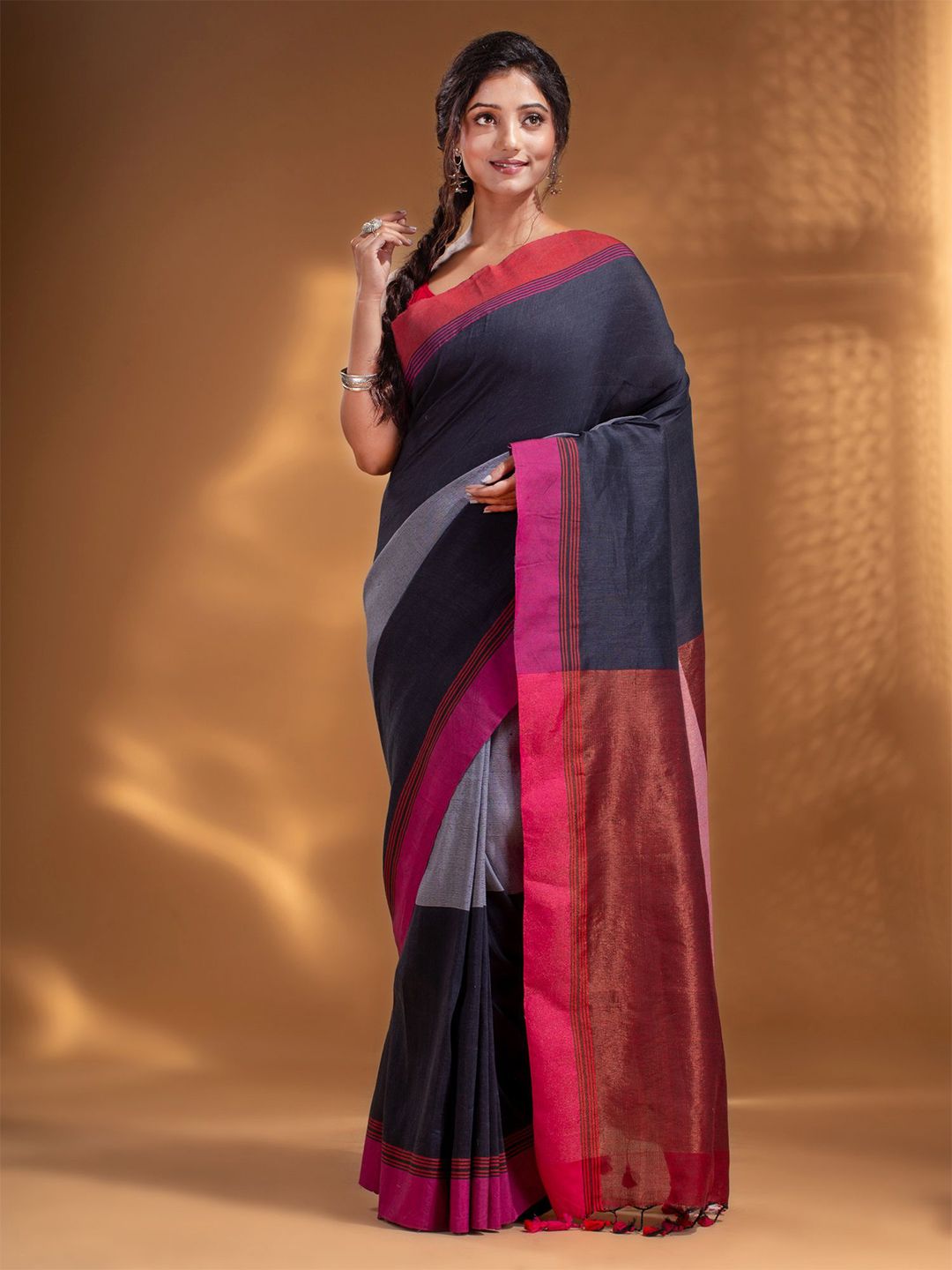 Arhi Grey & Maroon Woven Design Pure Cotton Saree Price in India