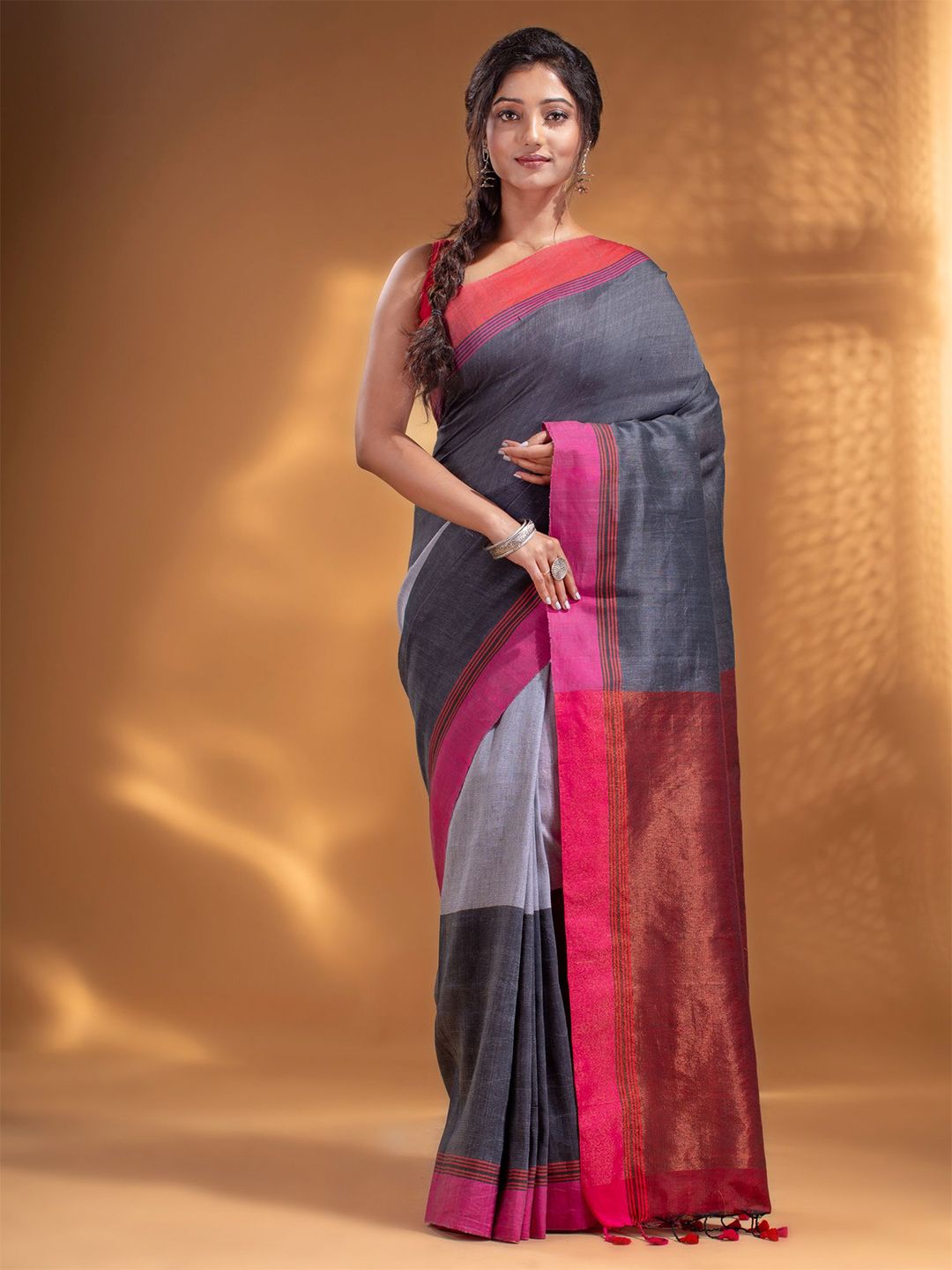 Arhi Grey & Maroon Woven Design Pure Cotton Saree Price in India