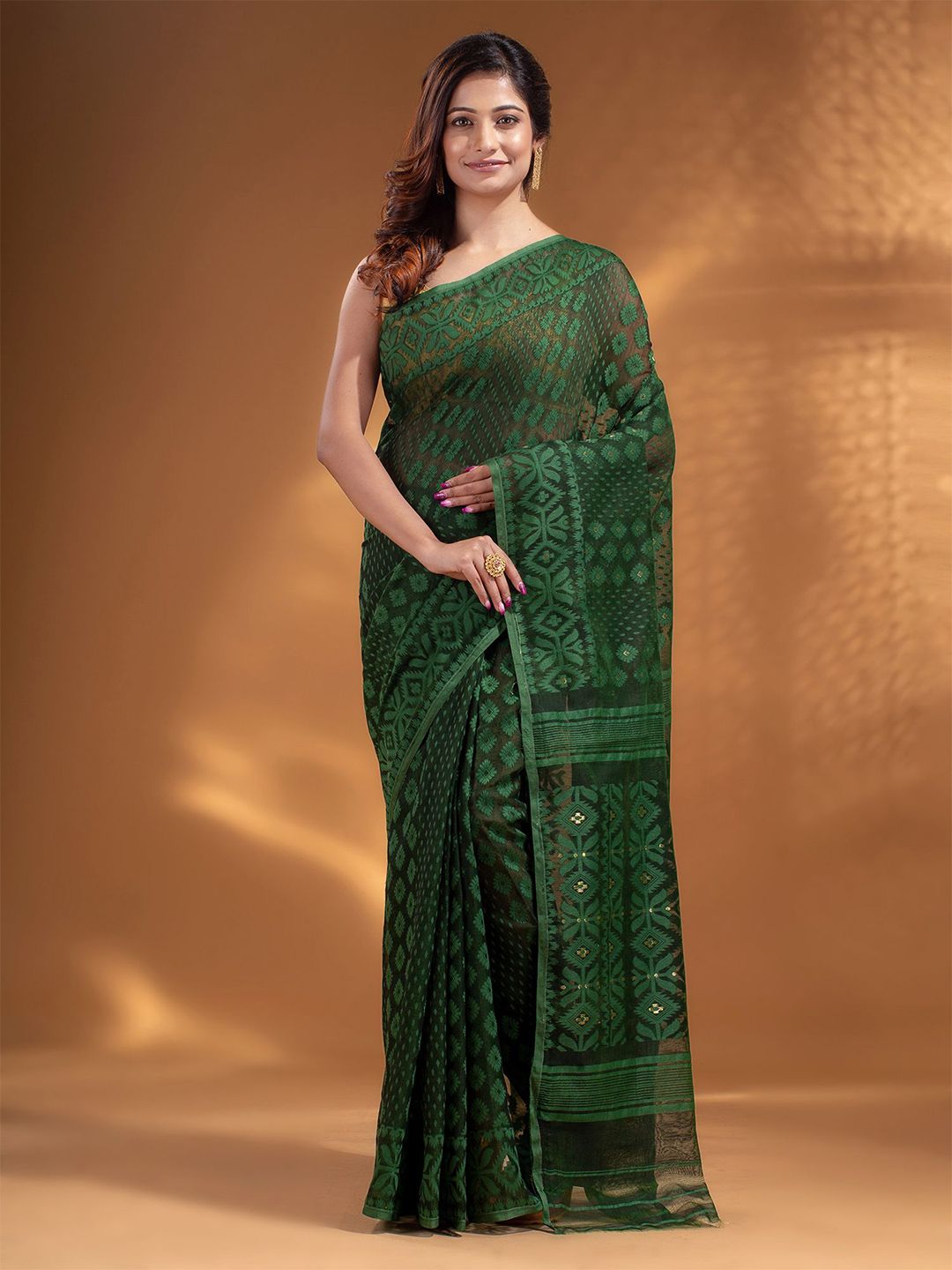 Arhi Green & Black Woven Design Silk Cotton Jamdani Saree Price in India