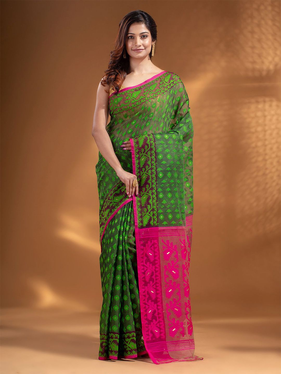 Arhi Green & Red Woven Design Silk Cotton Jamdani Saree Price in India