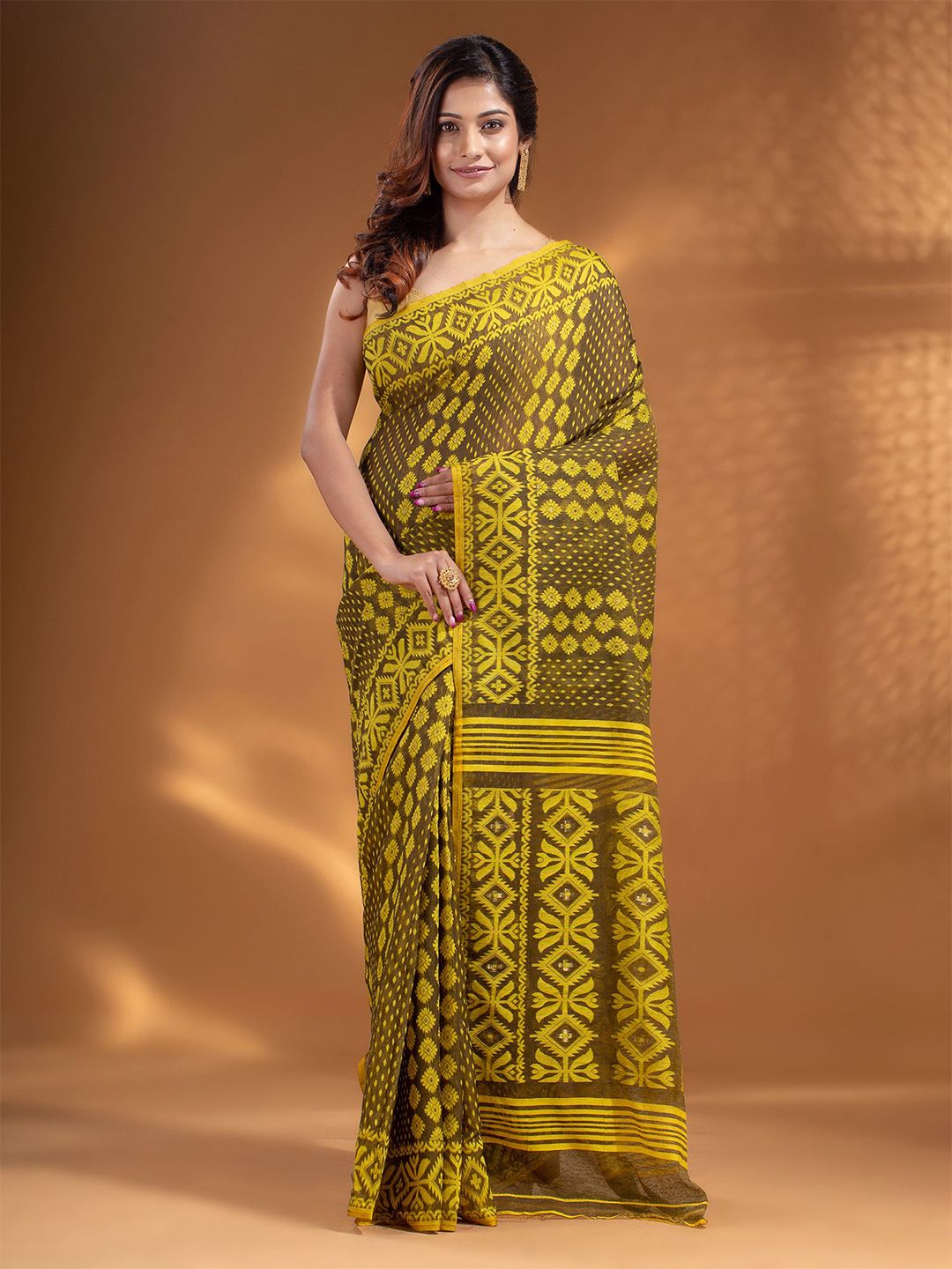 Arhi Brown & Yellow Woven Design Silk Cotton Jamdani Saree Price in India