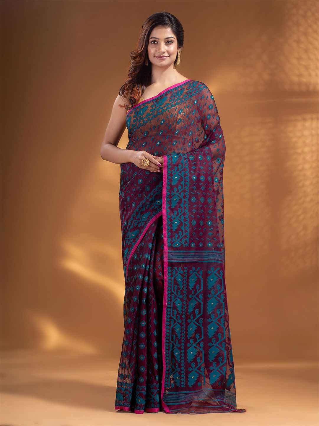 Arhi Purple & Maroon Woven Design Silk Cotton Jamdani Saree Price in India