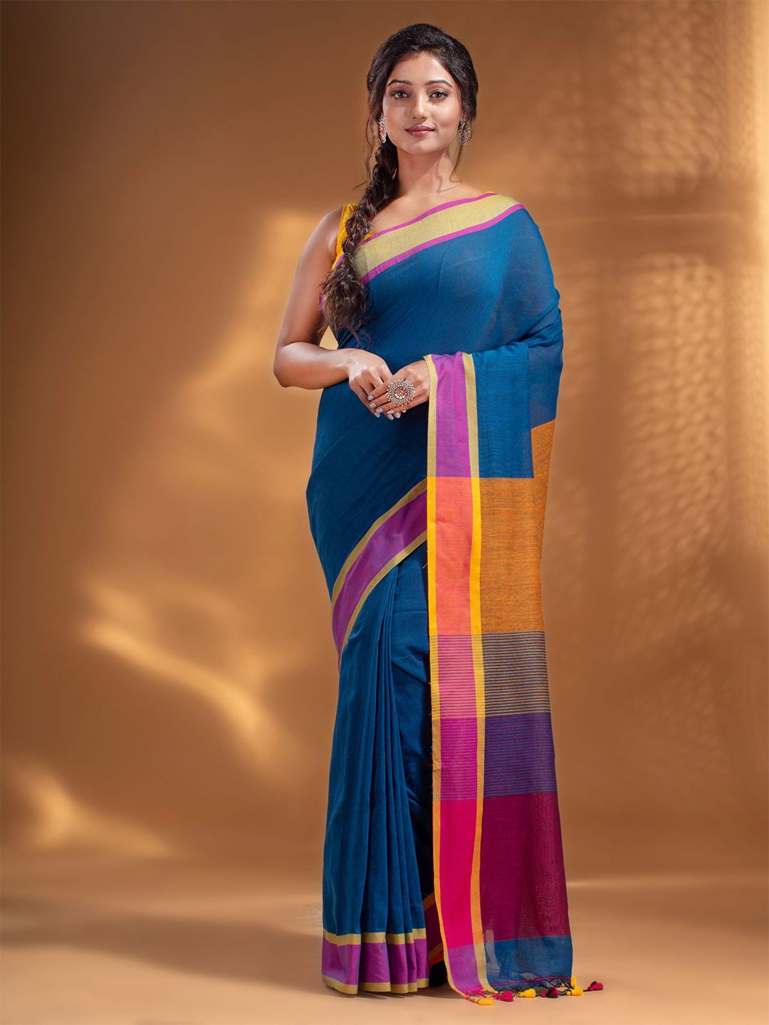 Arhi Blue & Orange Woven Design Pure Cotton Saree Price in India