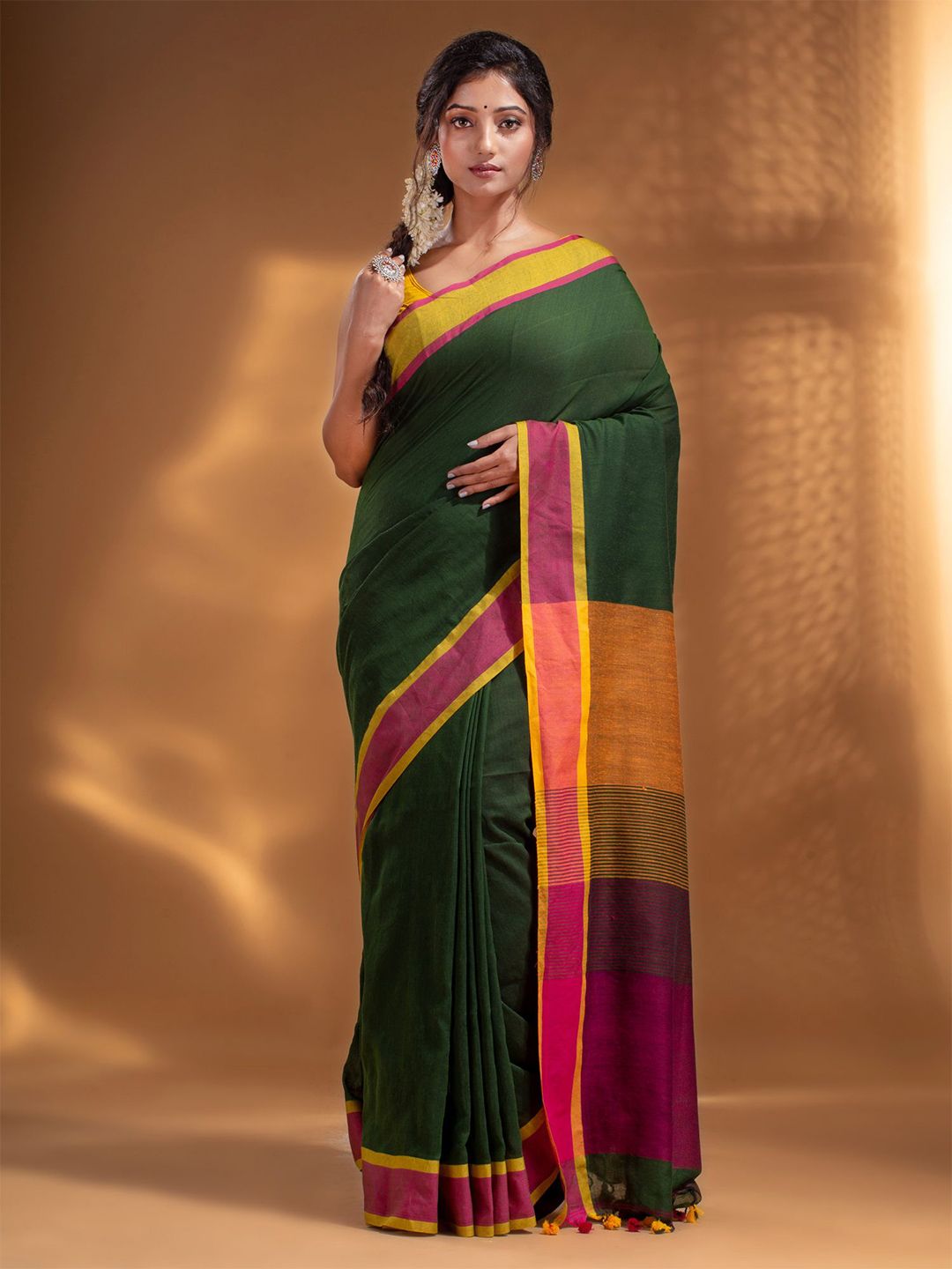 Arhi Green & Orange Woven Design Pure Cotton Saree Price in India