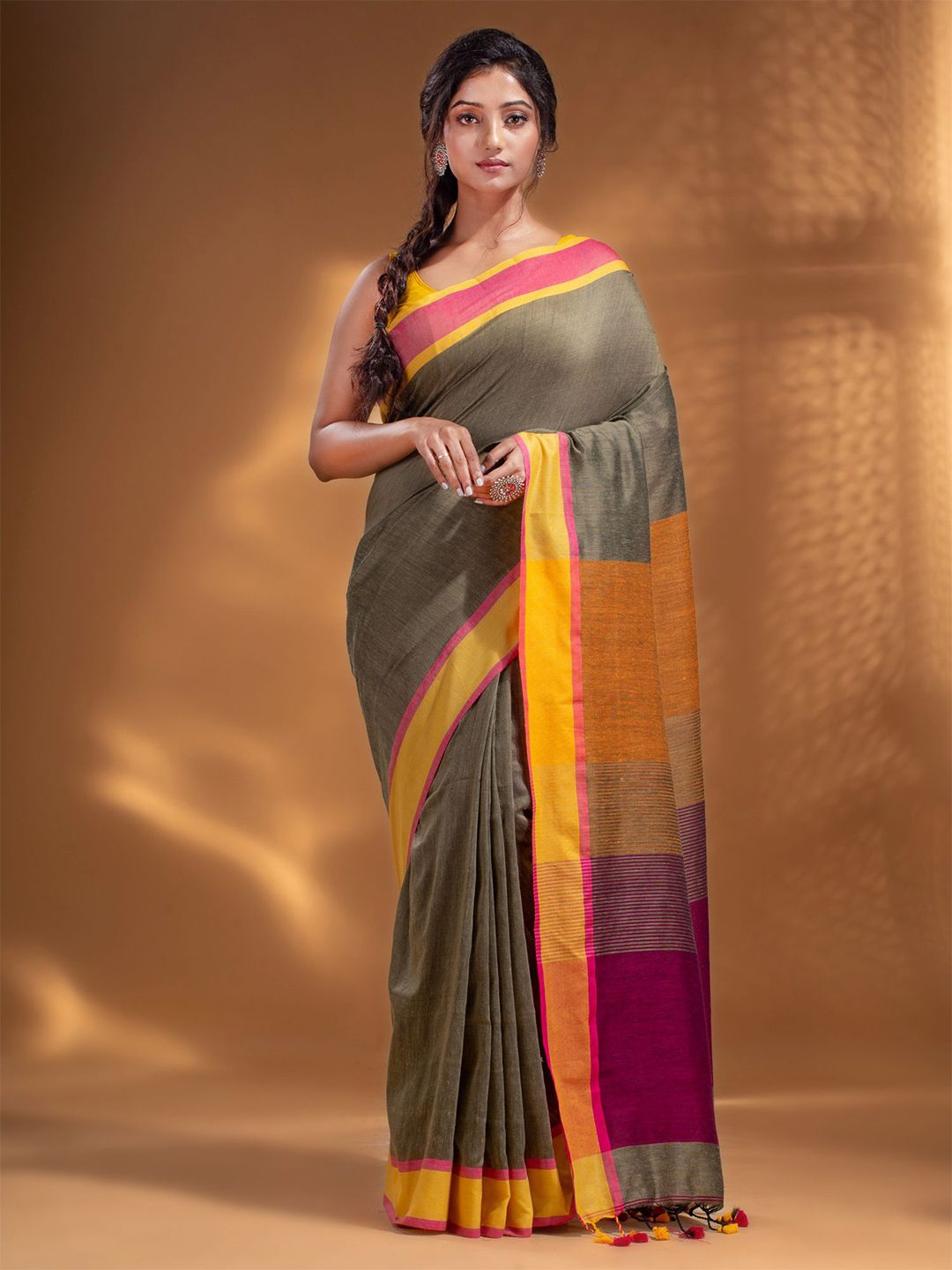 Arhi Beige & Green Woven Design Pure Cotton Saree Price in India