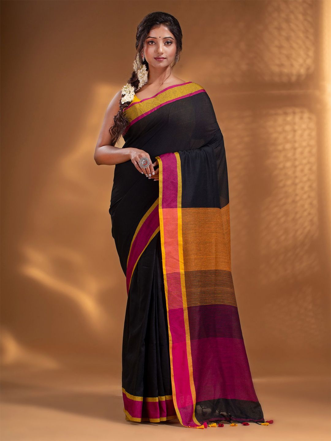 Arhi Black & Orange Woven Design Pure Cotton Saree Price in India
