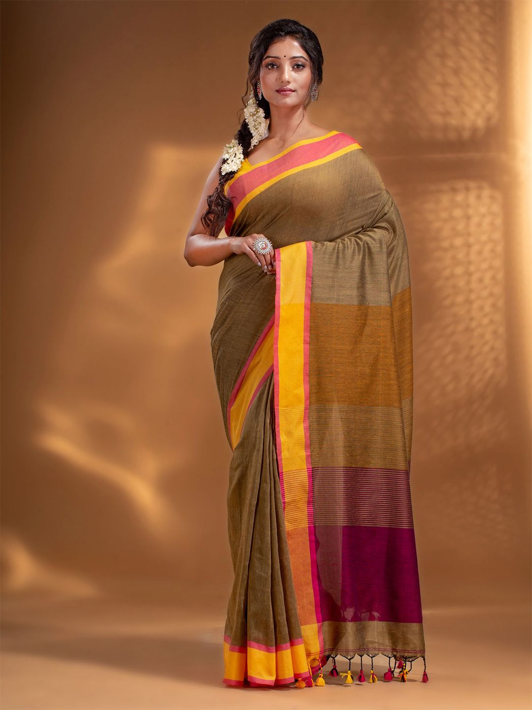Arhi Mustard & Maroon Woven Design Pure Cotton Saree Price in India