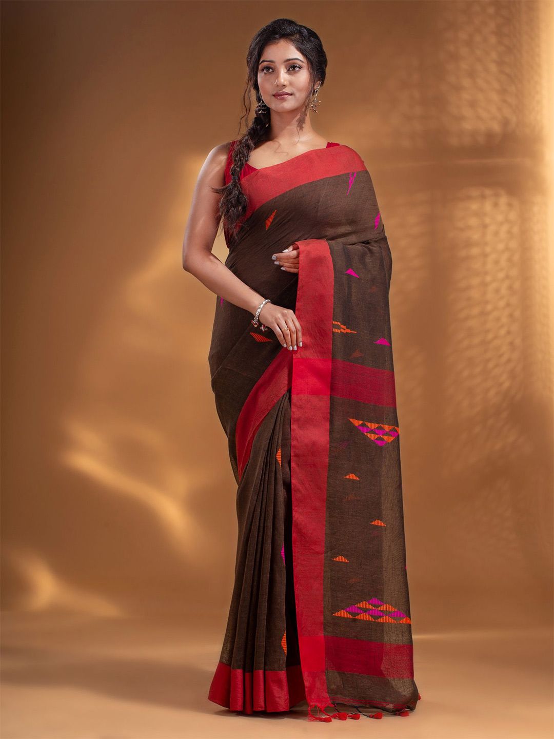 Arhi Brown & Red Woven Design Pure Linen Saree Price in India