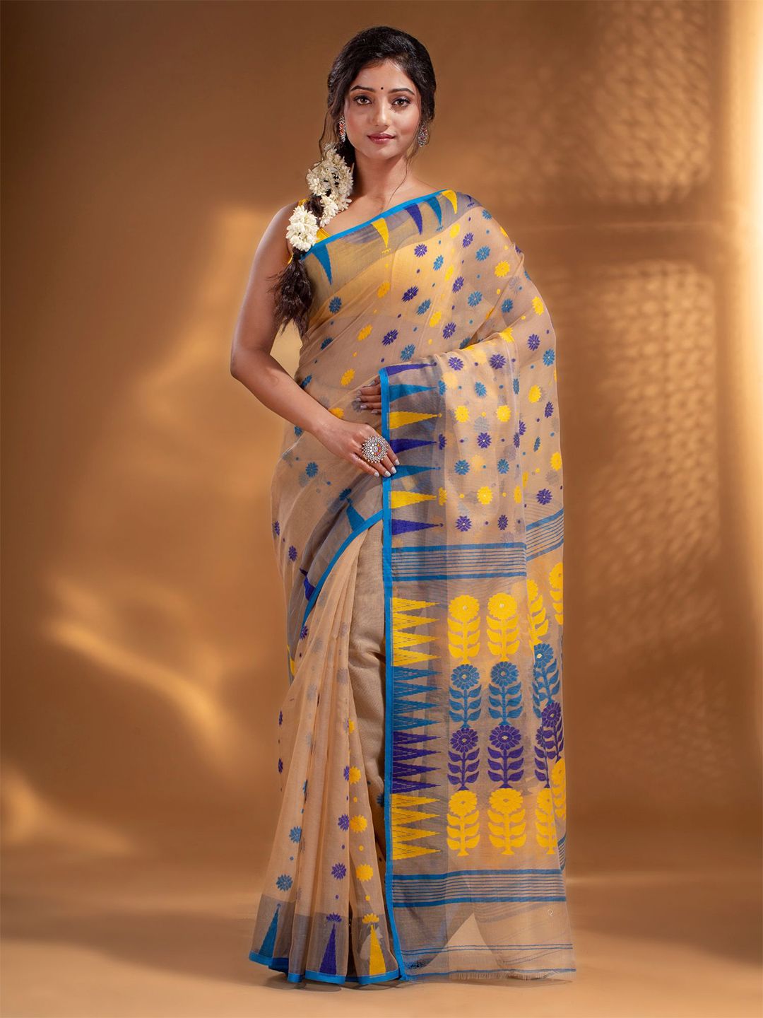 Arhi Beige & Blue Woven Design Silk Cotton Jamdani Saree Price in India