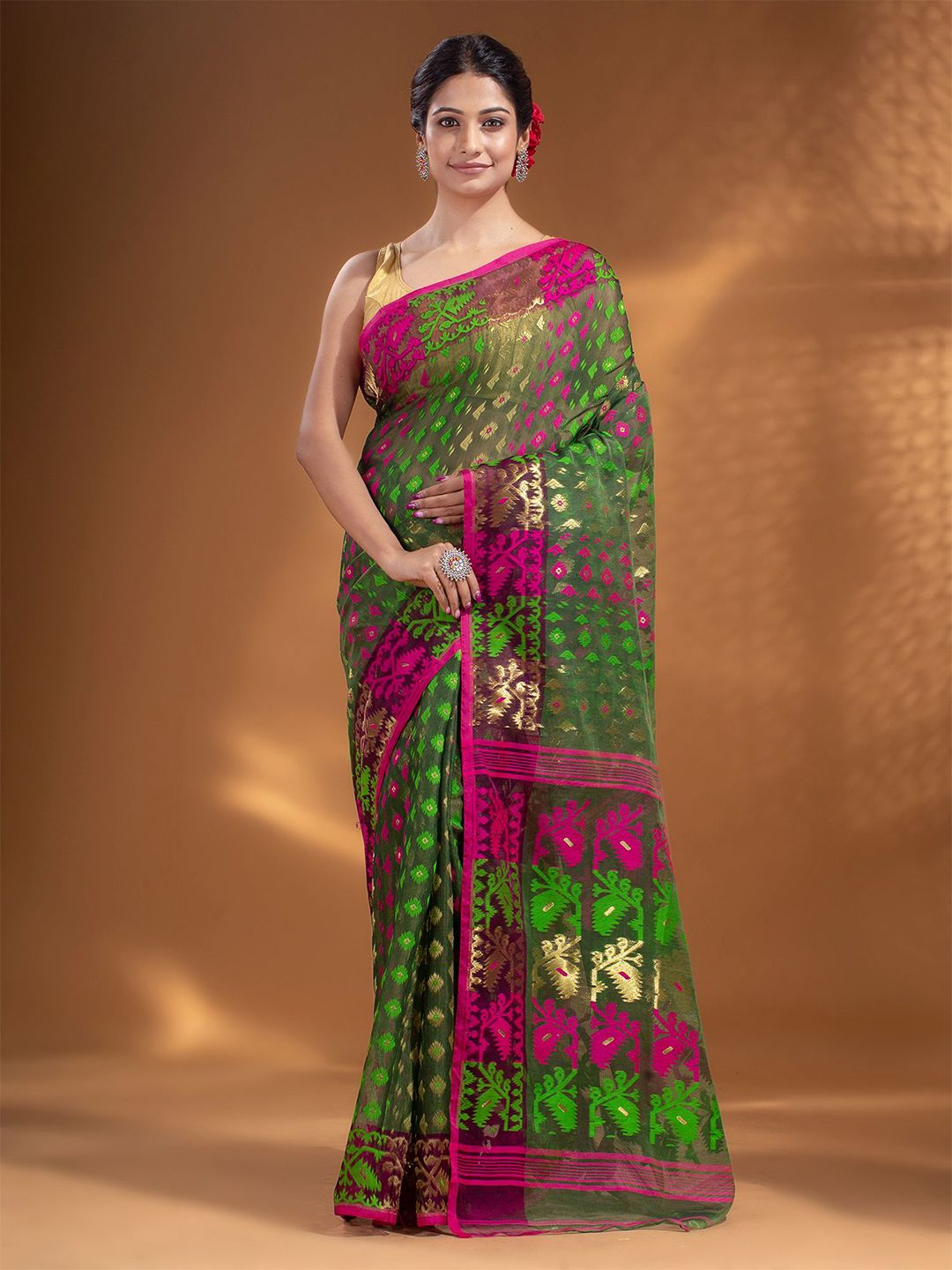 Arhi Green & Red Woven Design Silk Cotton Jamdani Saree Price in India