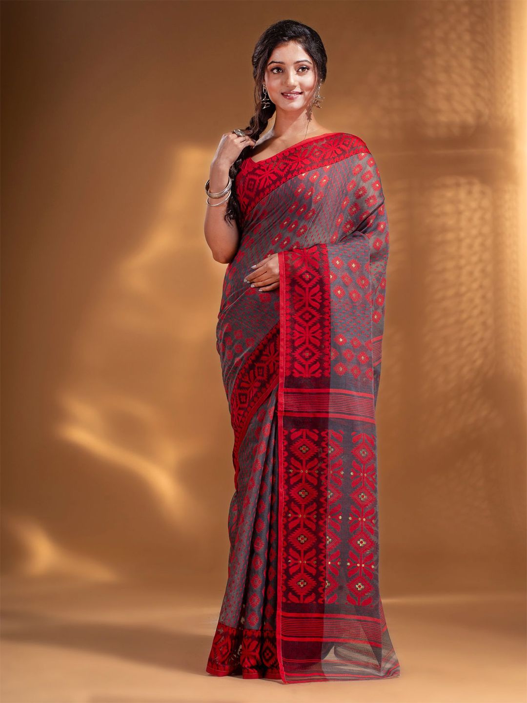 Arhi Grey & Red Woven Design Silk Cotton Jamdani Saree Price in India