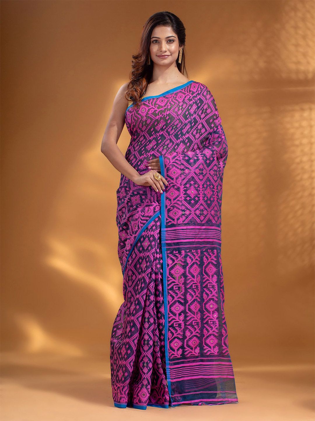 Arhi Blue & Purple Woven Design Silk Cotton Jamdani Saree Price in India