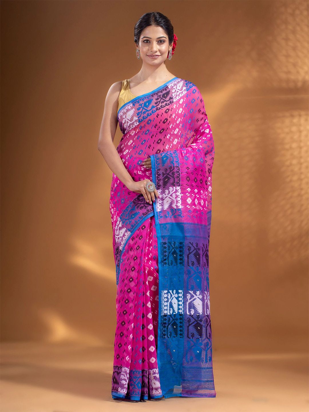 Arhi Pink & Purple Woven Design Silk Cotton Jamdani Saree Price in India