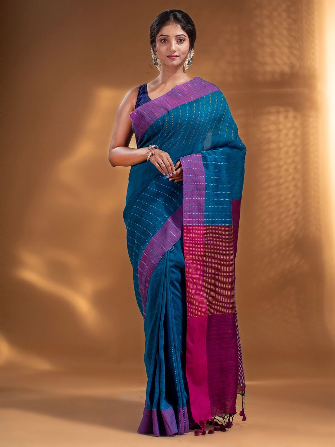 Arhi Blue & Purple Pure Linen Saree Price in India