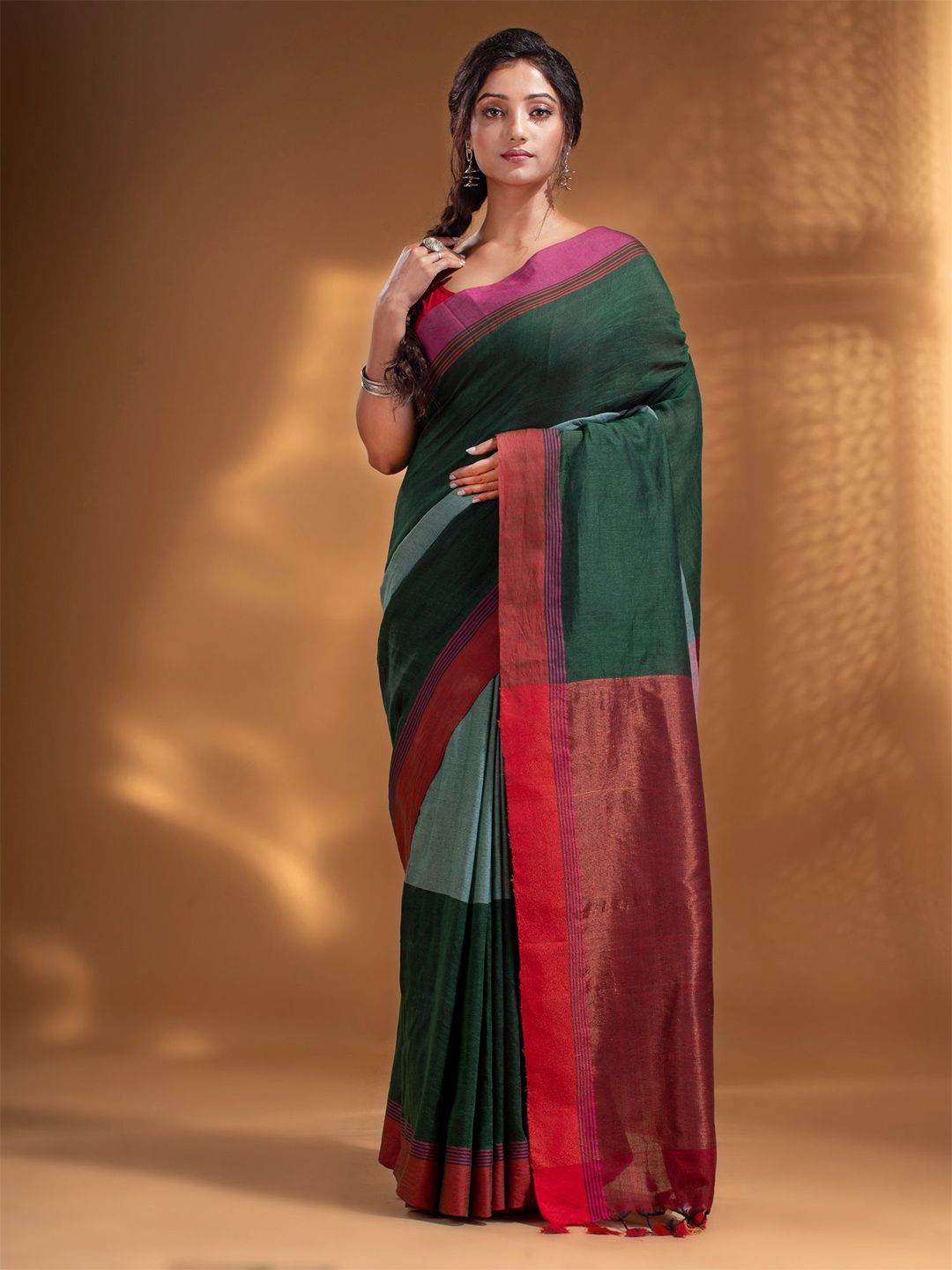 Arhi Green & Orange Woven Design Pure Cotton Saree Price in India