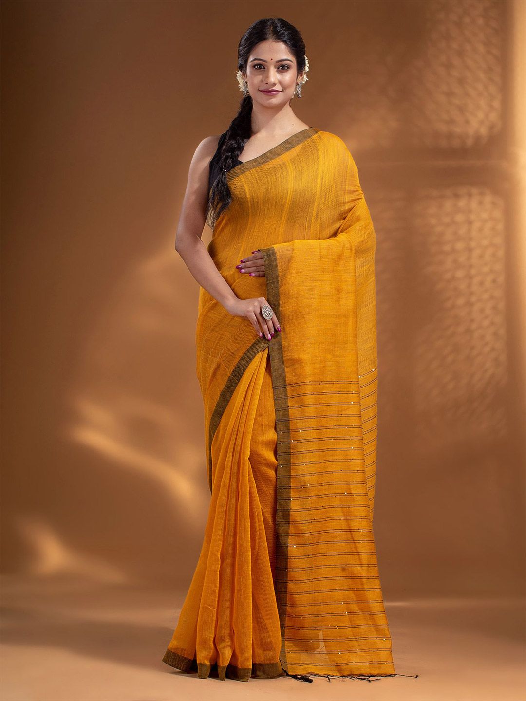 Arhi Yellow & Brown Woven Design Pure Cotton Saree Price in India