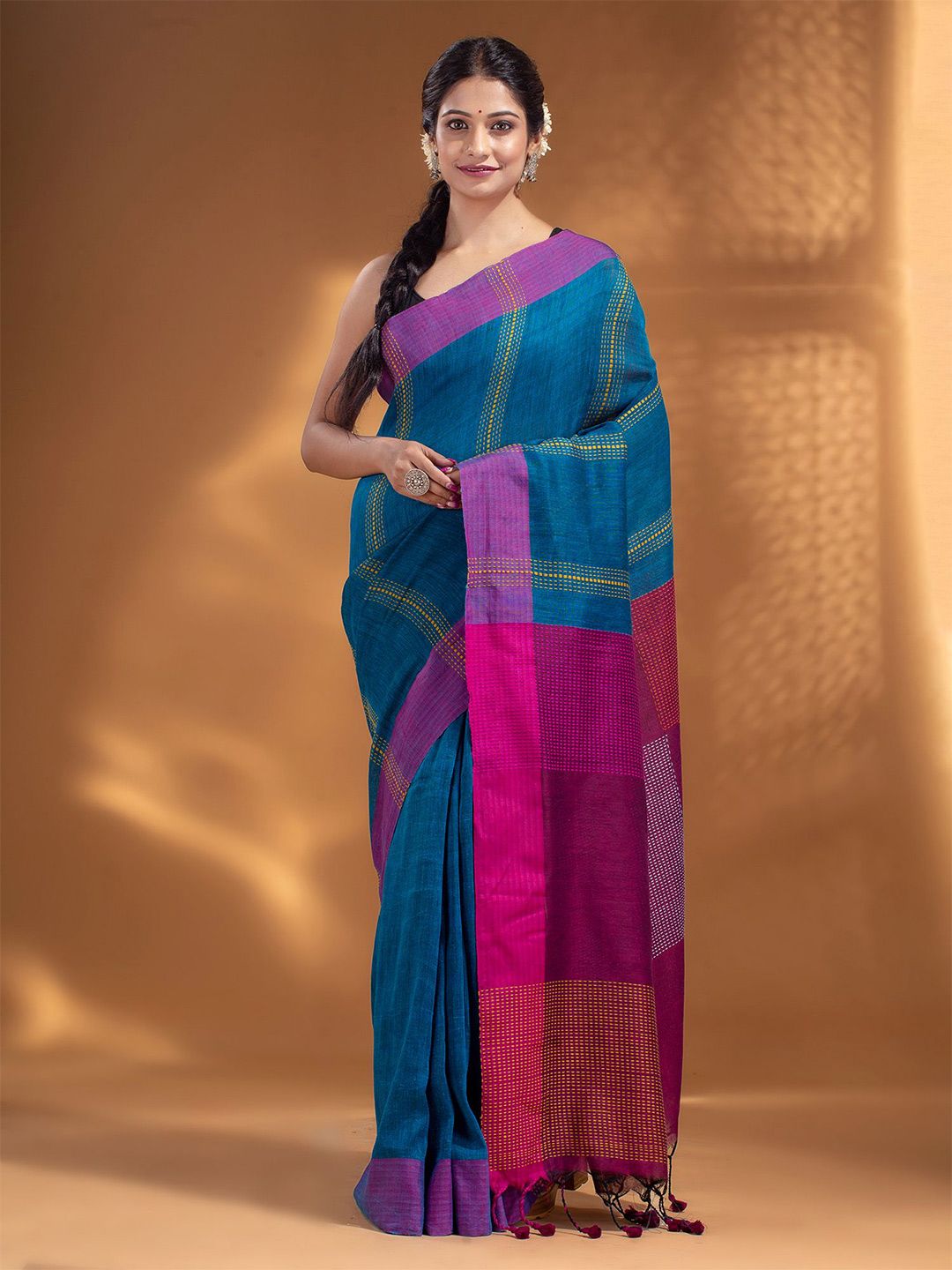 Arhi Blue & Orange Woven Design Pure Linen Saree Price in India
