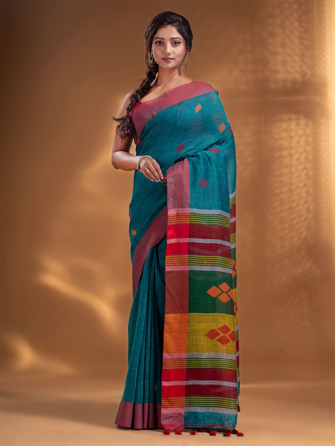 Arhi Teal & Orange Woven Design Pure Linen Saree Price in India