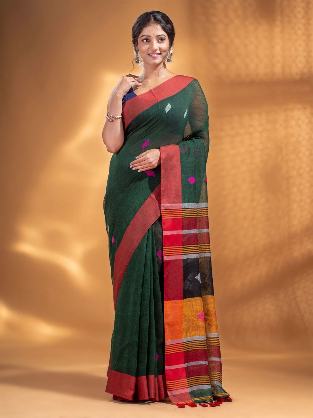 Arhi Green & Orange Woven Design Pure Linen Saree Price in India