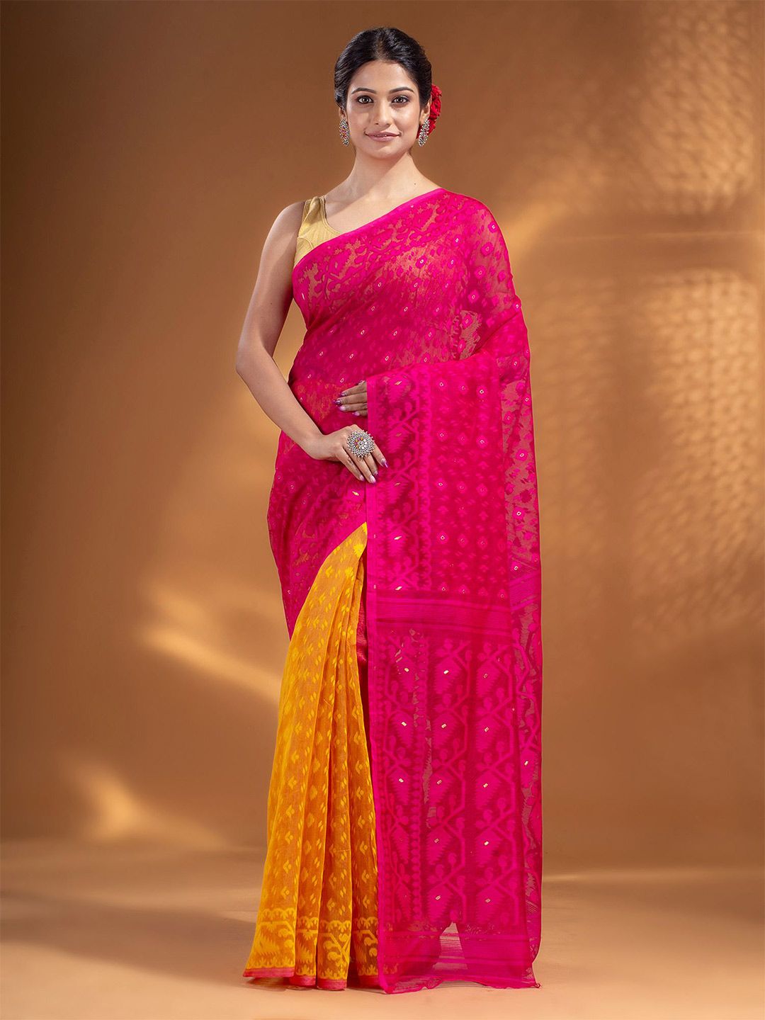 Arhi Fuchsia & Orange Woven Design Silk Cotton Jamdani Saree Price in India